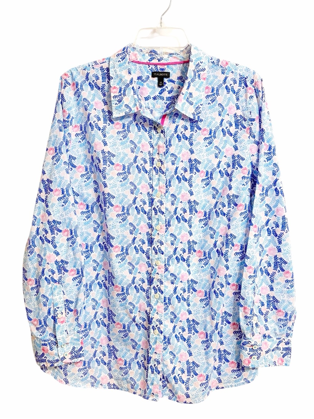 Talbots Floral Cotton Button Up Blouse Womens XL Blue Coastal Grandma Resortwear